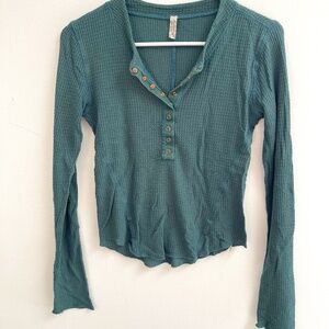 Free People One of the Girls Waffle Knit Henley, Green, size S/P